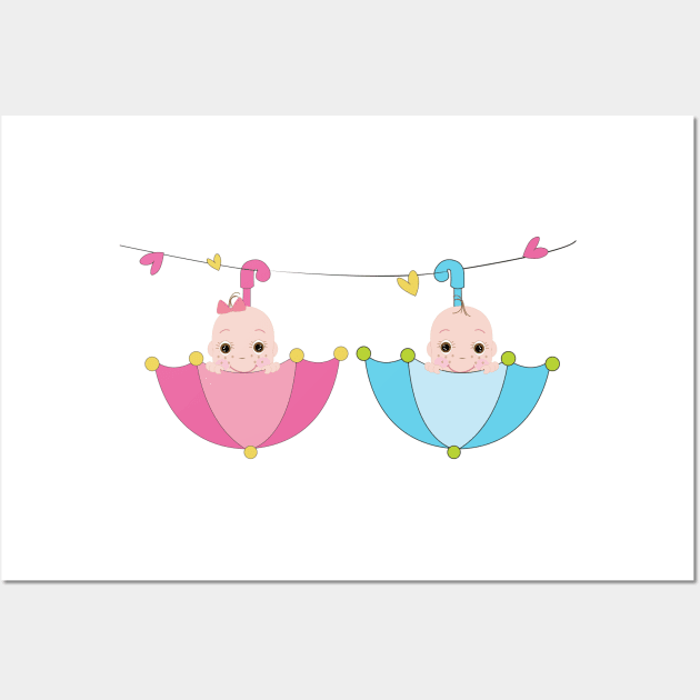 Twin baby boy and girl with umbrella Wall Art by GULSENGUNEL